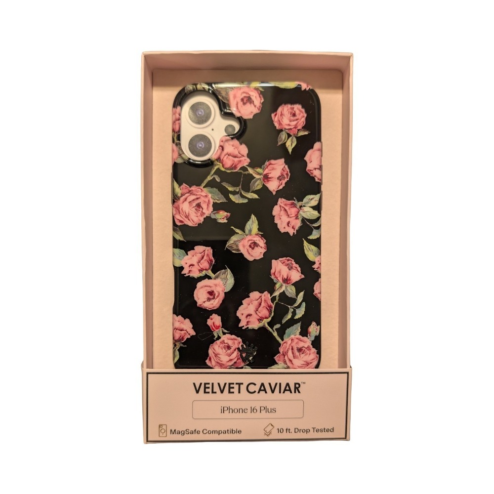 J3-N VELVET CAVIAR Apple iPhone 16 Plus MagSafe Case Black & Pink Rose‎ Floral